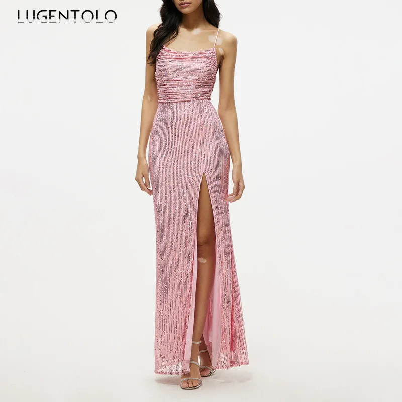 

Lugentolo Women Party Sequins Dress Slim Backless Pink High Waist Split End Lady Elegant Suspenders Lace-up Maxi Dresses