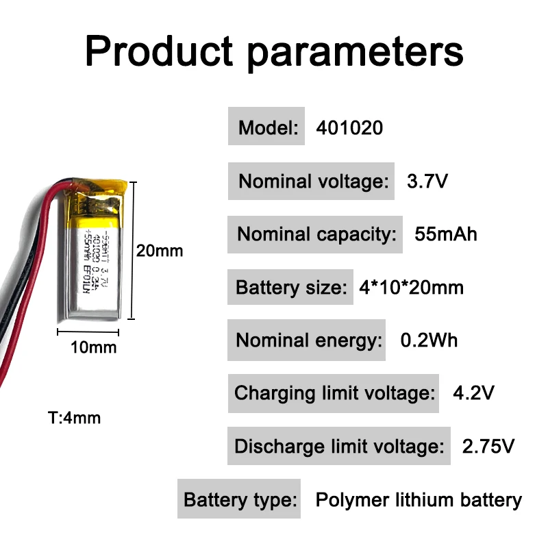 3.7V 55mAh 401020 Li-po Rechargeable Lithium Polymer Battery for Bluetooth Earphones,Selfie Stick,Smart Watch Toys MP4 LED GPS