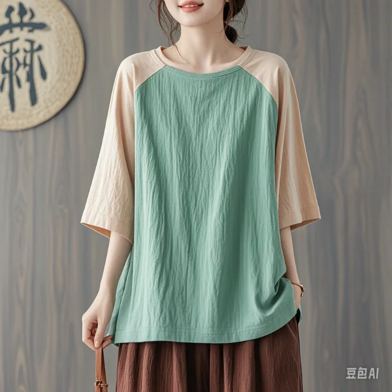 

Women Summer Summer Loose Cotton and Linen Patchwork O-neck 3/4 Sleeve T-Shirt Ladies Fashion All-match Appear Thin Trend Tops