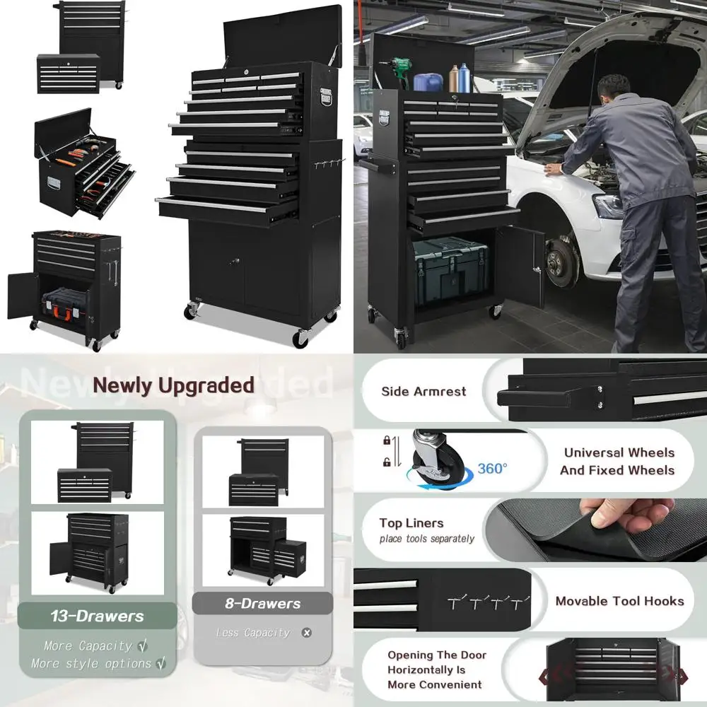 13段引き出し付きツールチェスト、両開き扉と取り外し可能なホイール付き、大型工具収納用