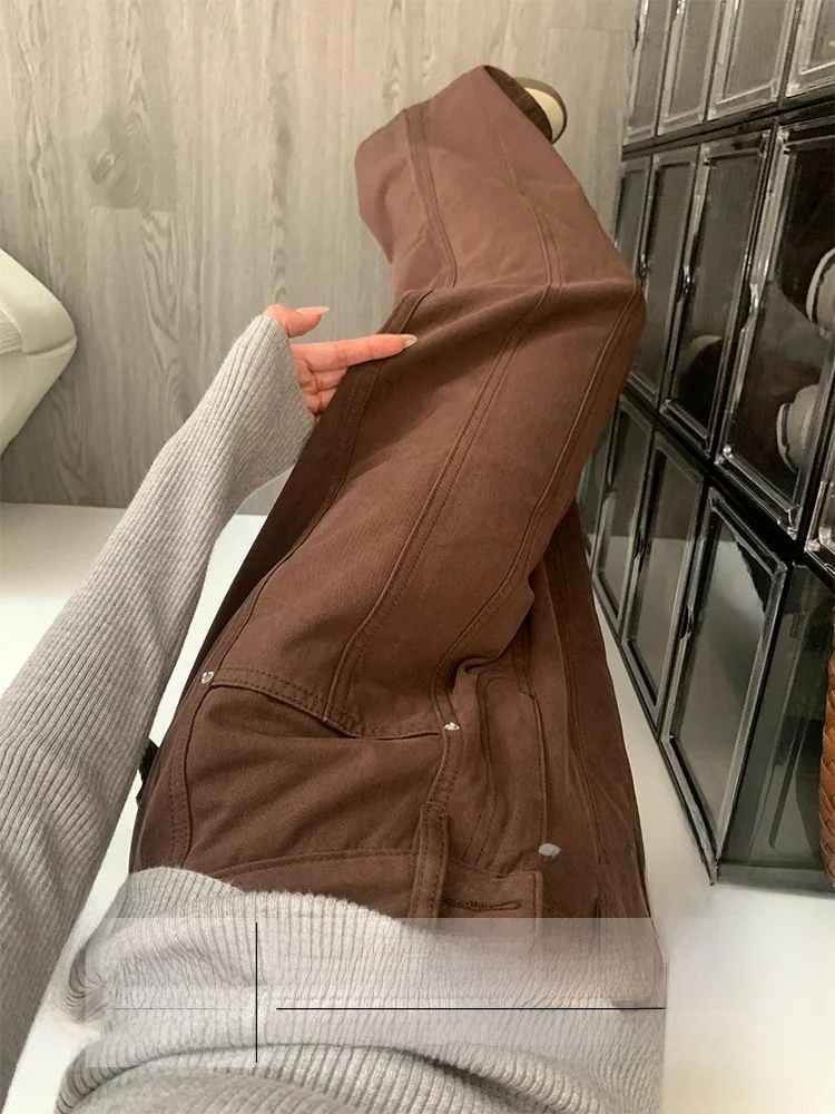 

Женские джинсы с высокой талией, свободного кроя, коричневые, из денима, в рабочем стиле, осенне-зимние, прямые, повседневные, винтажные, струящиеся брюки