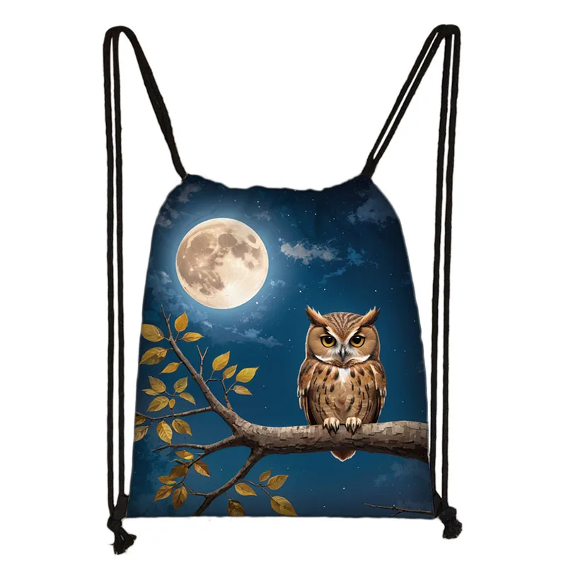 Watercolor Owl Backpacks Cartoon Owl Moon Children Drawstring Bag School Bags Outdoor Shoulder Bag Shoes Holder Storage Bags