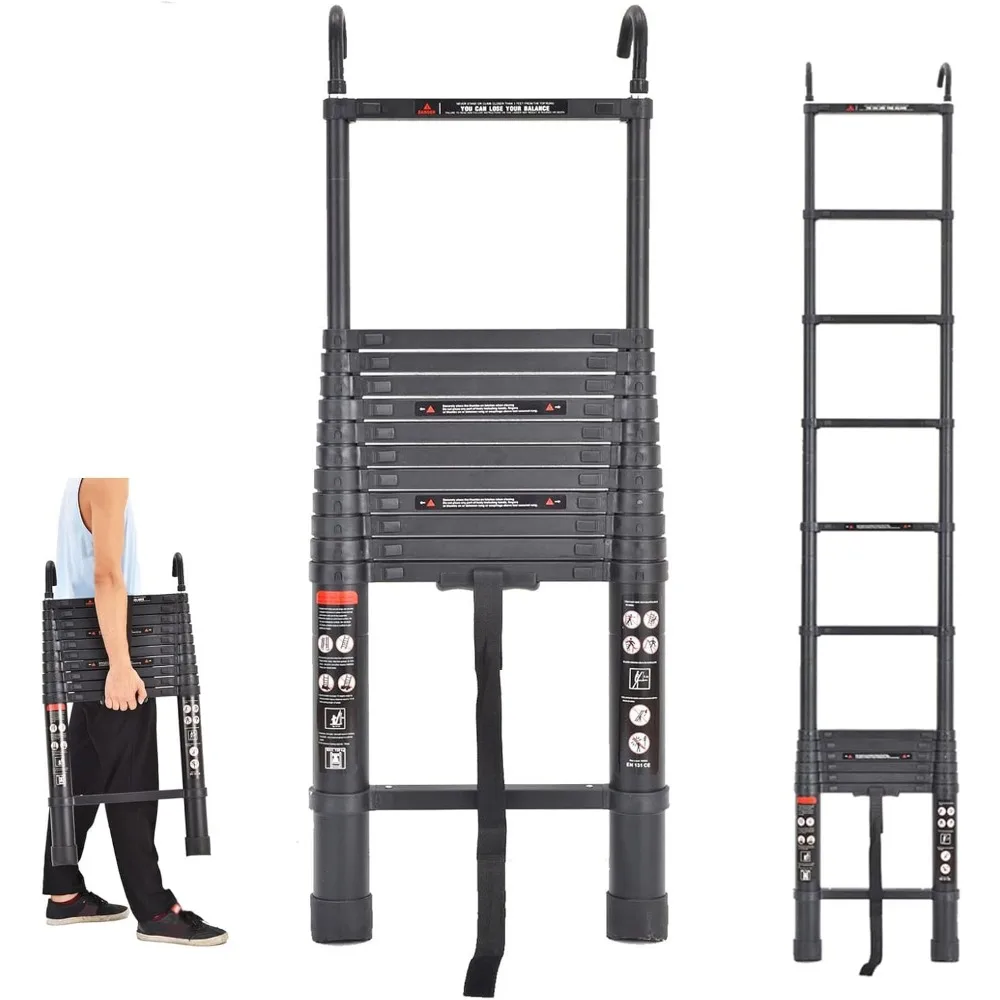 Scala di estensione in alluminio 16,5 piedi 5 m, scala domestica nera portatile con ganci staccabili, peso 28,4 libbre, pieghevole per una facile conservazione