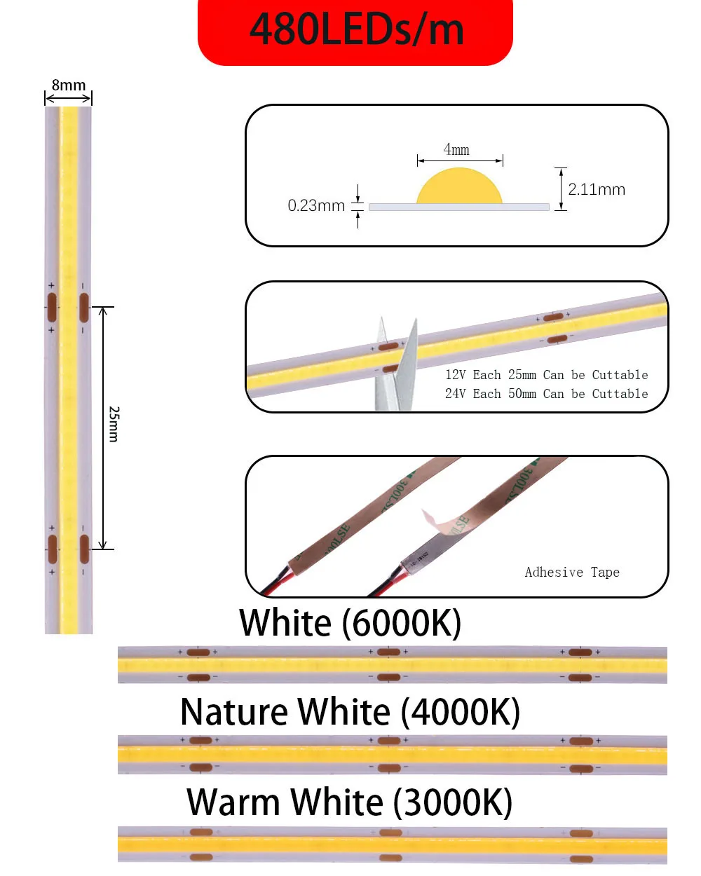 DC12V/24V COB LED Strip Light High Bright Flexible Linear Dimmable lights 480/528leds/M 3000-6500K RA90 Monochromatic led lamp