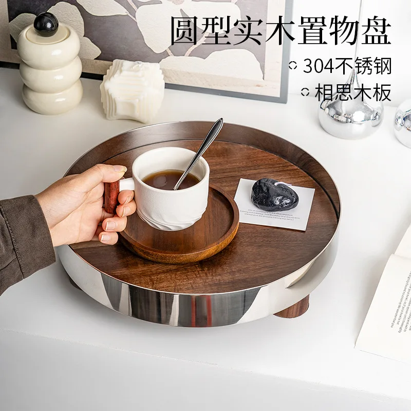 Light luxury stainless steel ornament round storage tray desktop jewelry storage tray model house decoration tray