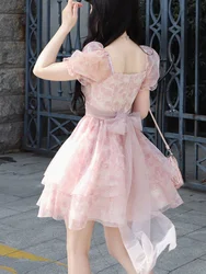 Summer Pink Kawaii Lolita Dress Women 2024 Print Korea Cute Party Mini Dress Female Puff Sleeve Beach Casual Elegant Fairy Dress