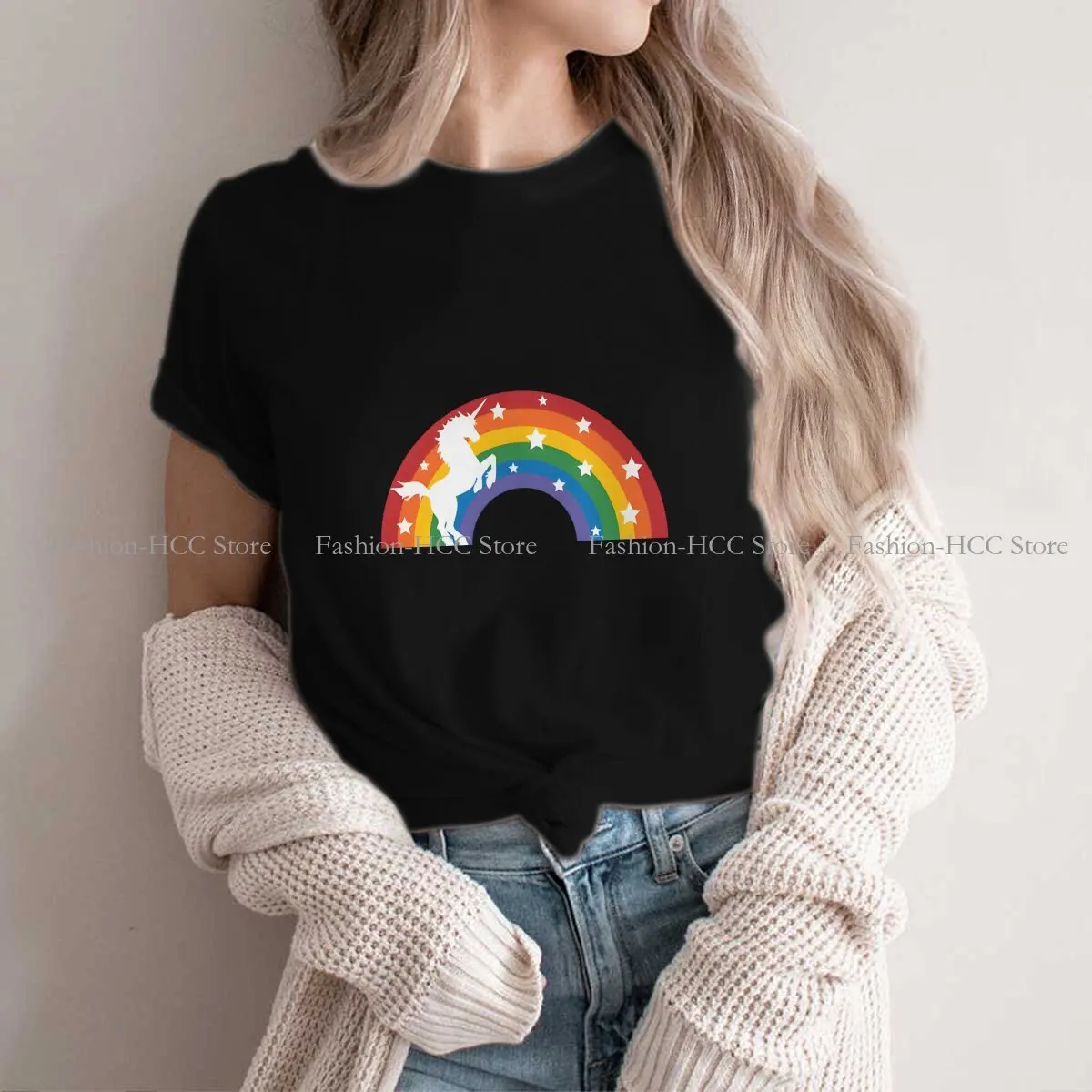 Rainbow Harajuku Polyester TShirt Cute Unicorn Cartoon Creative Streetwear Casual T Shirt Female Tee