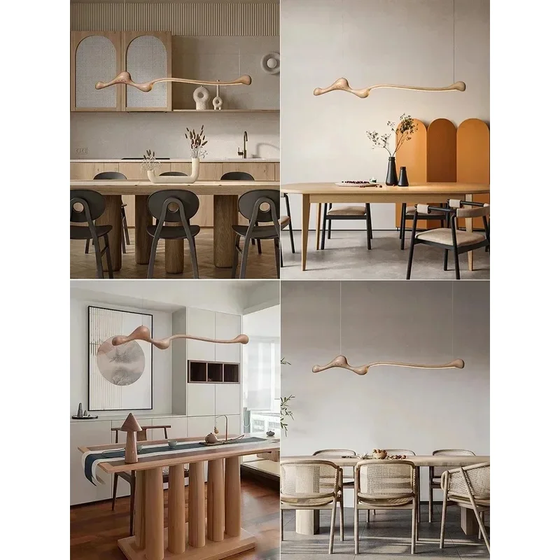 Organic Wavy Solid Wood Linear LED Pendant Light Irregular Curve Hanging Lamp Kitchen Dining Villa Home Decor Lamp