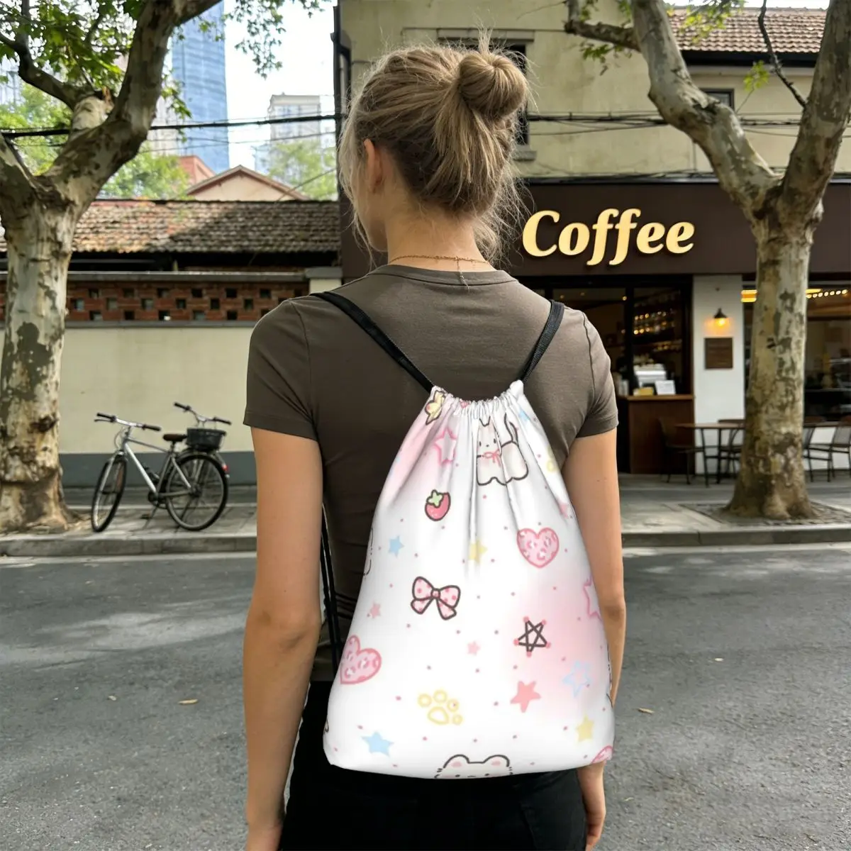 Cute Kitten With Bow Pattern Backpacks Casual Drawstring Bundle Pocket Shoes Bag Book Bags for Man Woman Students