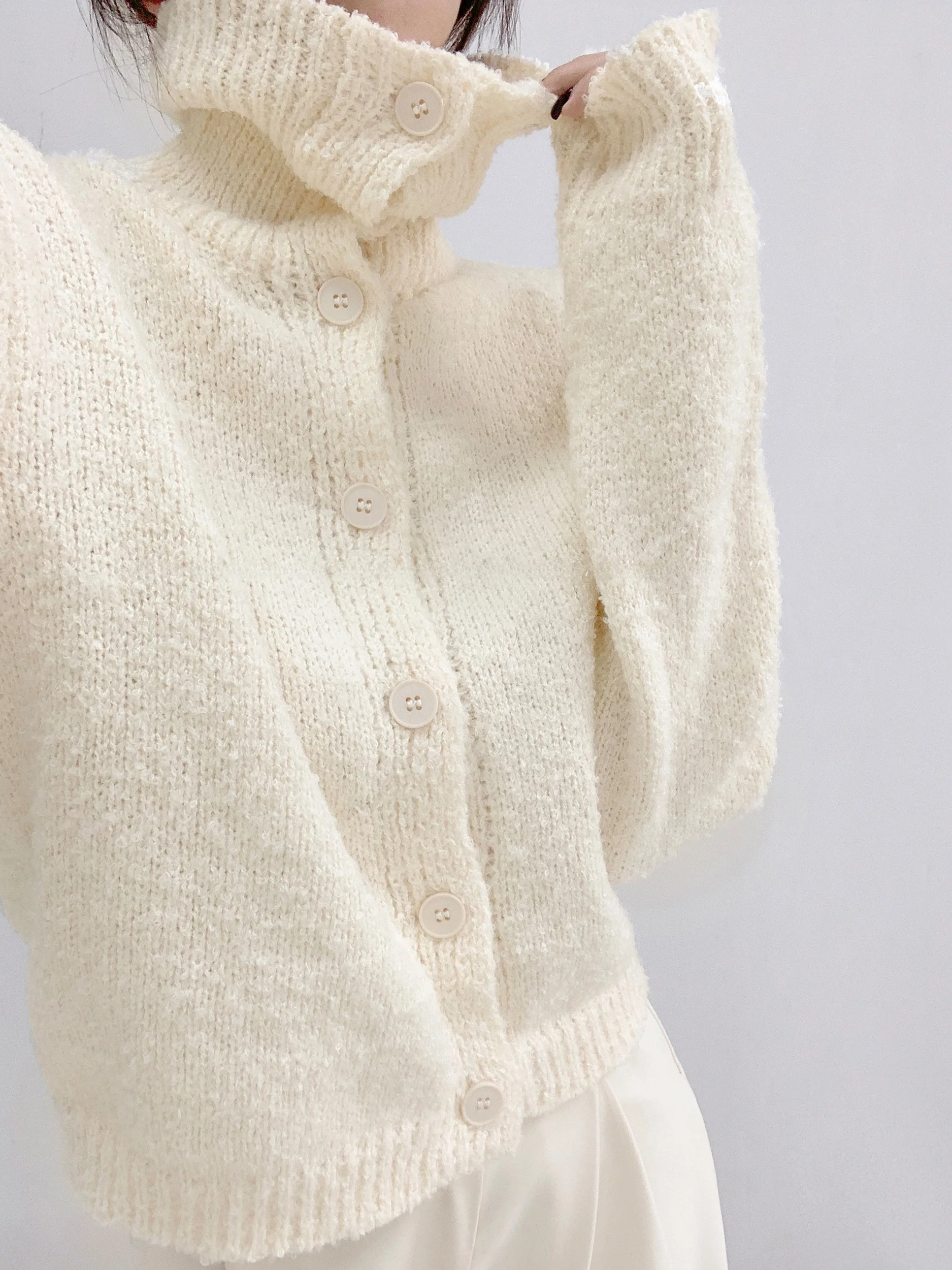 

Мягкий вязаный кардиган с высоким воротником и длинными рукавами для женщин, весенне-осенний, свободный, повседневный, визуально стройнящий, винтажный трикотаж