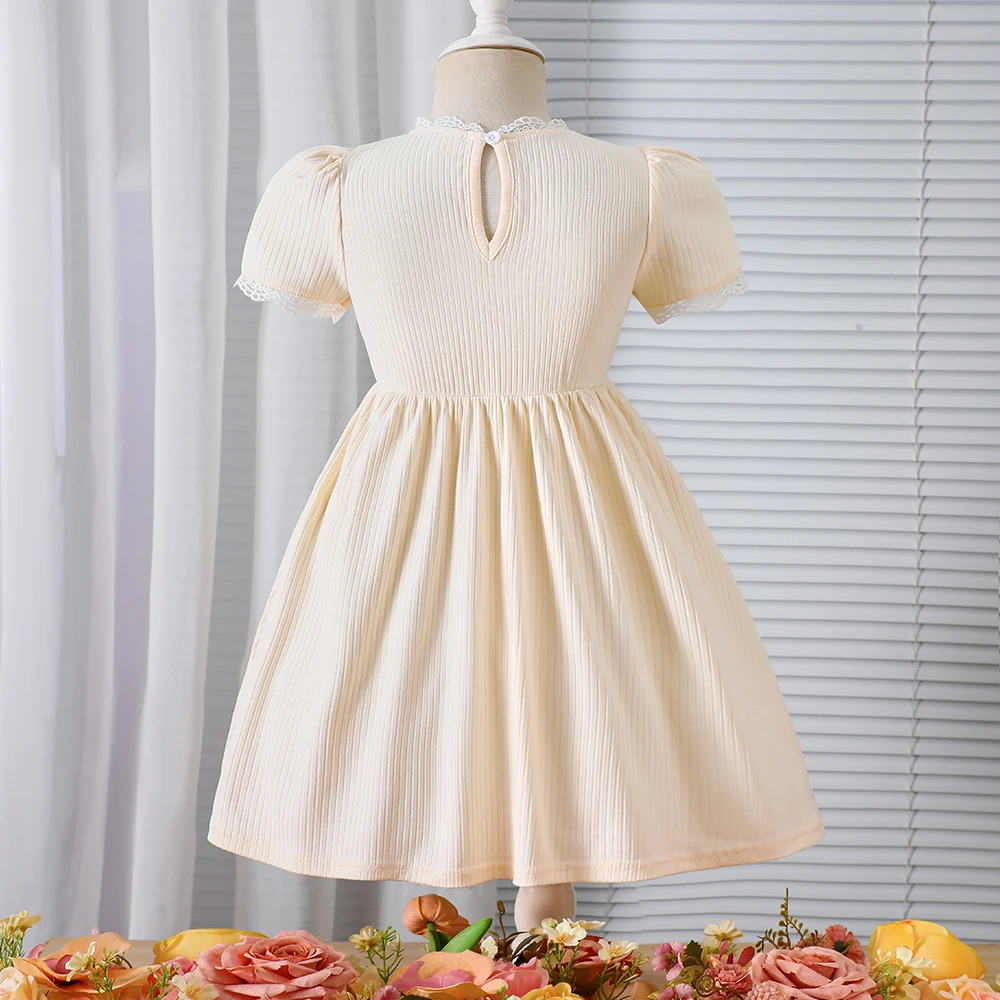 Girls' summer multi-colored three-dimensional floral knitted puffed sleeve lace collar sweet dress