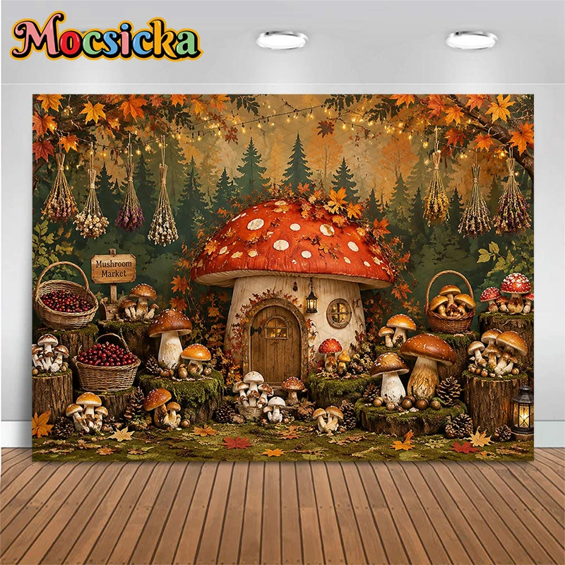 Mocsicka Autumn Fairy Mushroom House Photography Backdrop Fall Maple Leaf Enchanted Forest Baby Thanksgiving Portrait Background