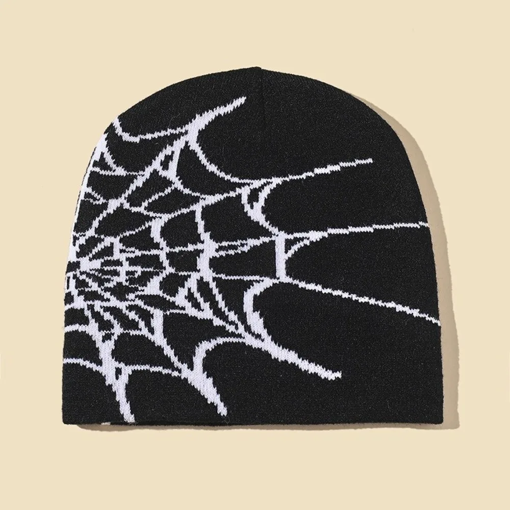 Y2K Soft Spider Web Pattern Beanie Caps Stretch Street Punk Pullover Hat Warm Multiple Colors Cuffed Knitted Hat Outdoor