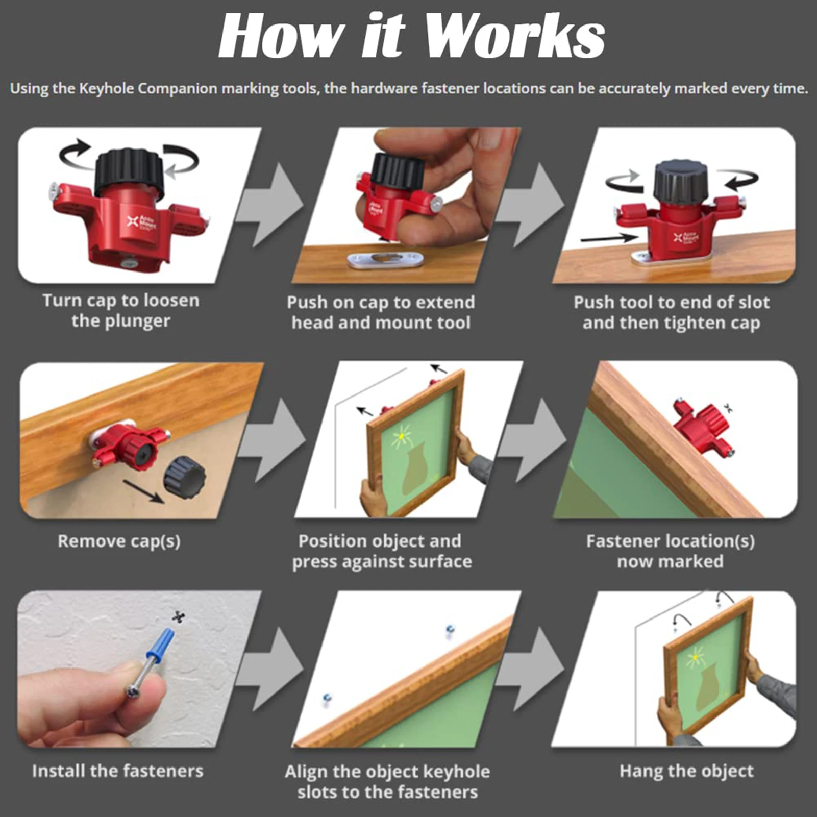 Keyhole Companion Marks Slot Locations on Wall Cabinet without Measuring Reusable Tool For Objects With Built-in or Added Slots