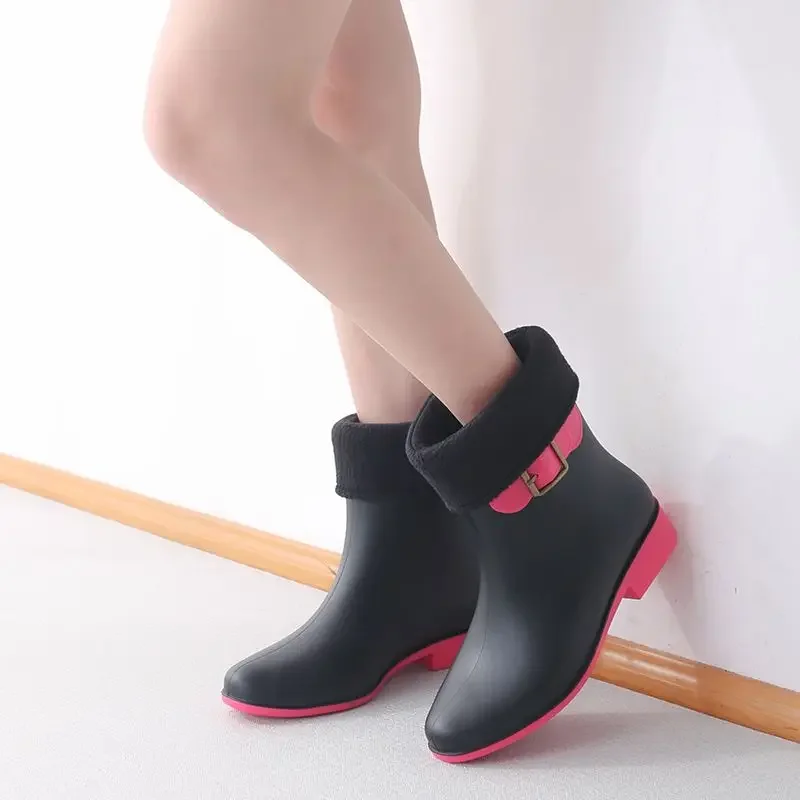 

Fashion Retro Low Heel Women's Rain Boots Mid Calf Waterproof Slip Resistant Warm Durable Ladies' Waterproof Shoes