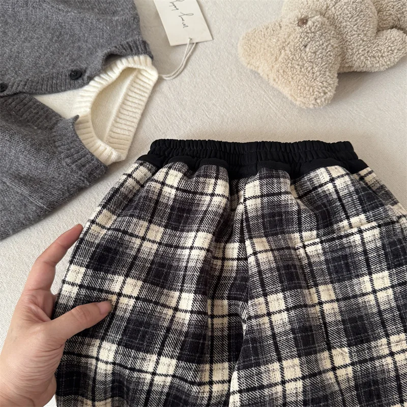 Children's Long Pants 2025 Winter New Thickened Plaid Casual Pants for Boys and Girls Baby Versatile Straight Pants