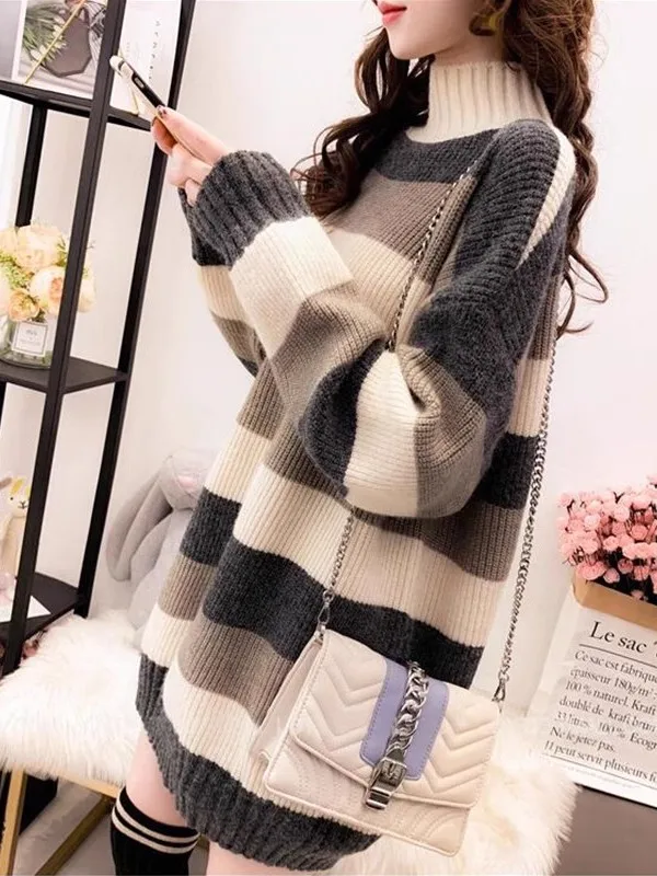 

Женский вязаный свитер средней длины на подкладке большого размера, осень-зима, модный корейский свободный топ