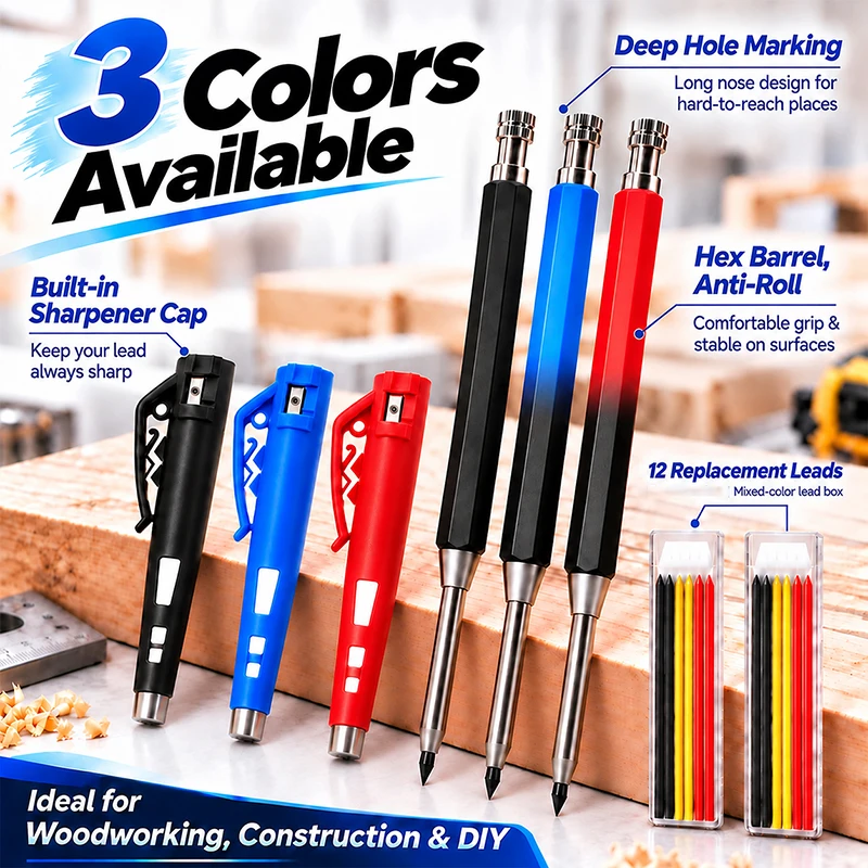 2.8mm New Woodworking Mechanical Marking Pencil, Gradient Anti-Roll Hex Barrel, Colored Leads for Carpenters & DIY Projects
