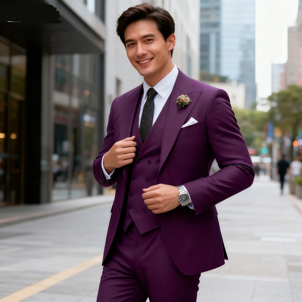 

Novo Beige Business Smoking 3-Piece Male Terno Unique Breasted Wedding Groomsmen Formal Suit Jacket Vest Pants Set