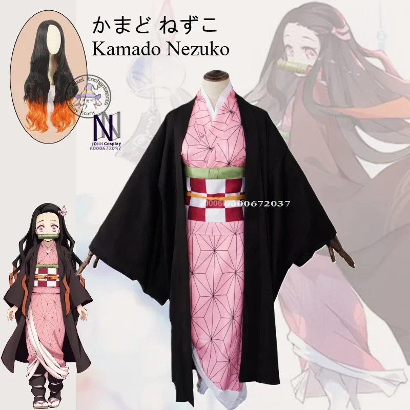 

Anime Kimetsu No Yaiba Kamado Nezuko Cosplay Costume Kimono Demon Slayer Role play Wigs Halloween Carnival Party Women Outfit