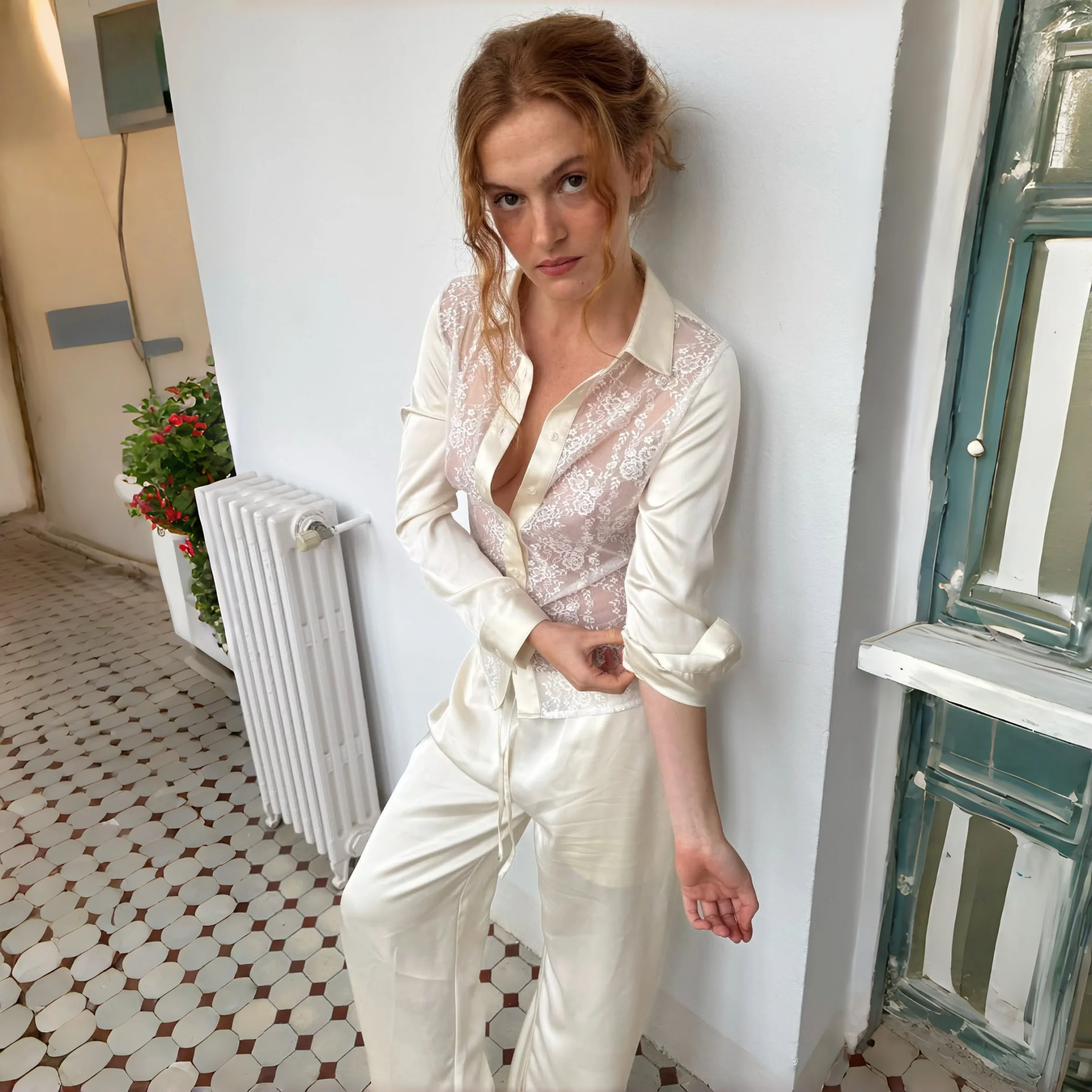 Apprabant Women Lace Patchwork Shirt Pants Set Long Sleeve Button Top Elastic Waist Straight Pants Y2K Streetwear 2 Piece Outfit