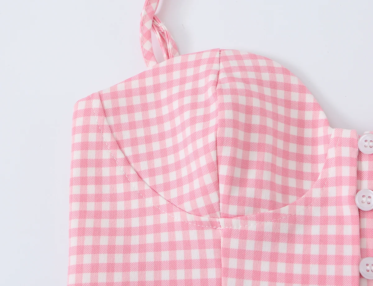 HH Rosa Gingham Bustier Cami Top Sommer Spaghetti-Träger-Top mit Knöpfen vorne und Rüschensaum, kurzes Korsett für Damen, lässiges Strand-Outfit – Detail 5