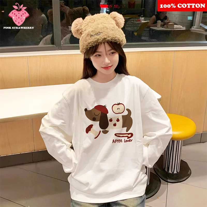 

White Long sleeved T-shirt Women Korean style Autumn 2025 New 100% Cotton Cute Sausage Dog Print T-shirt Y2k Tops kawaii clothes
