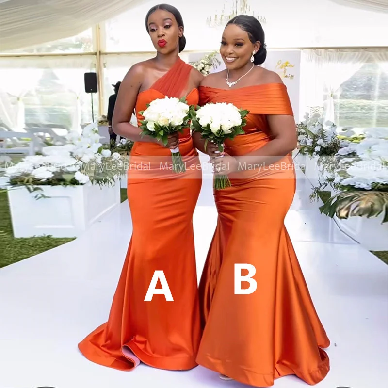 Customized Bright Orange Satin Mermaid Bridesmaid Dresses Plus Size Long Maid of Honor Bridal Party Gown Wedding Guest Dress