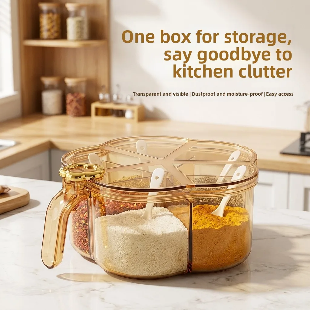 

Luxury Five-In-One Seasoning Box Kitchen Storage Container with Lid Flavor Enhancer Salt Jar Multi-Grid Integrated Design