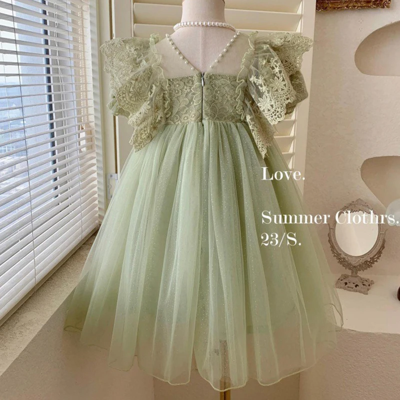 2-10Y Summer Girls Dress Lace Flower Binding Pearl Embellishments Puff Sleeve Princess Dresses For Girl Kids Party Mesh Clothes