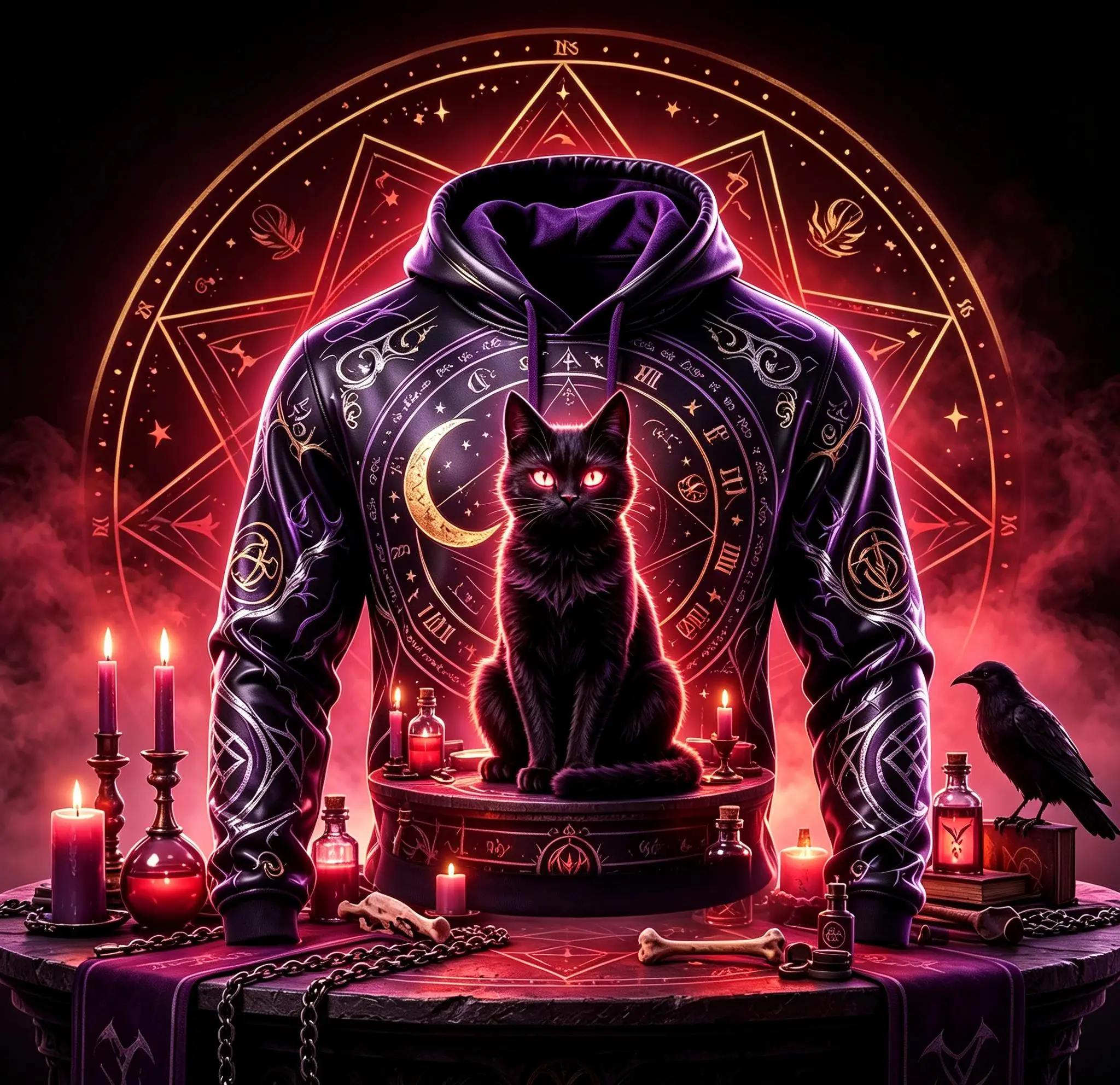 Men Fleece Lined Hoodie Purple Magic Circle Black Cat Moon Star Full Print Drawstring Pullover Sweatshirt