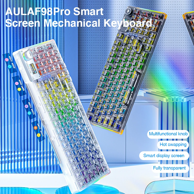 لوحة مفاتيح ميكانيكية AULA F98 Pro مع زر تدوير RGB بإضاءة خلفية شاشة مخصصة ثلاثية أوضاع لعبة Esports خاصة منحوتة 95 أغطية مفاتيح