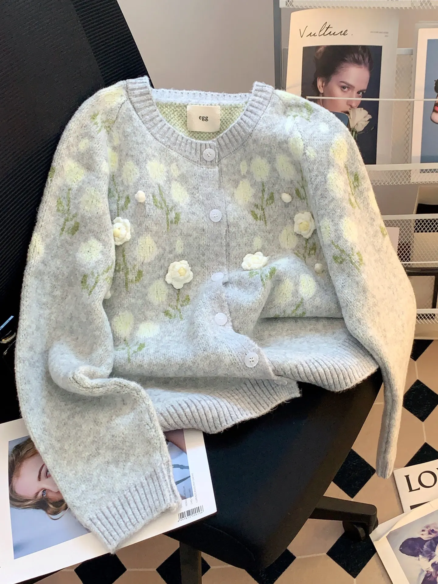 

Spring Gentle Three-dimensional Flower Sweater Cardigan Coat Women's Round Neck Loose Knit Jacket Versatile Temperament Top