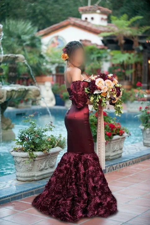Burgundy Unique Elegant Wedding Off Shoulder Ruffled Fishtail Pleated Floor Length Bridal Gowns Customized