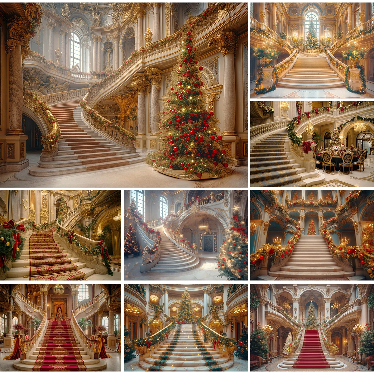 

Xmas Grand Staircase Entrance Backdrops Kids Adult Photography Child Baby Photocall Luxurious Retro Christmas Stairs Backgrounds