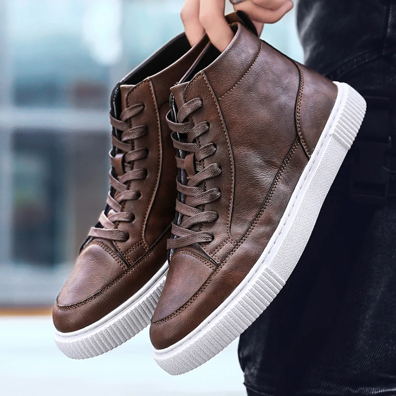 Fashion Casual Men\'s Leather Shoes Quality High top Brown Shoes Men Comfort Skateboard Sneakers Men Moccasins chaussure hommes