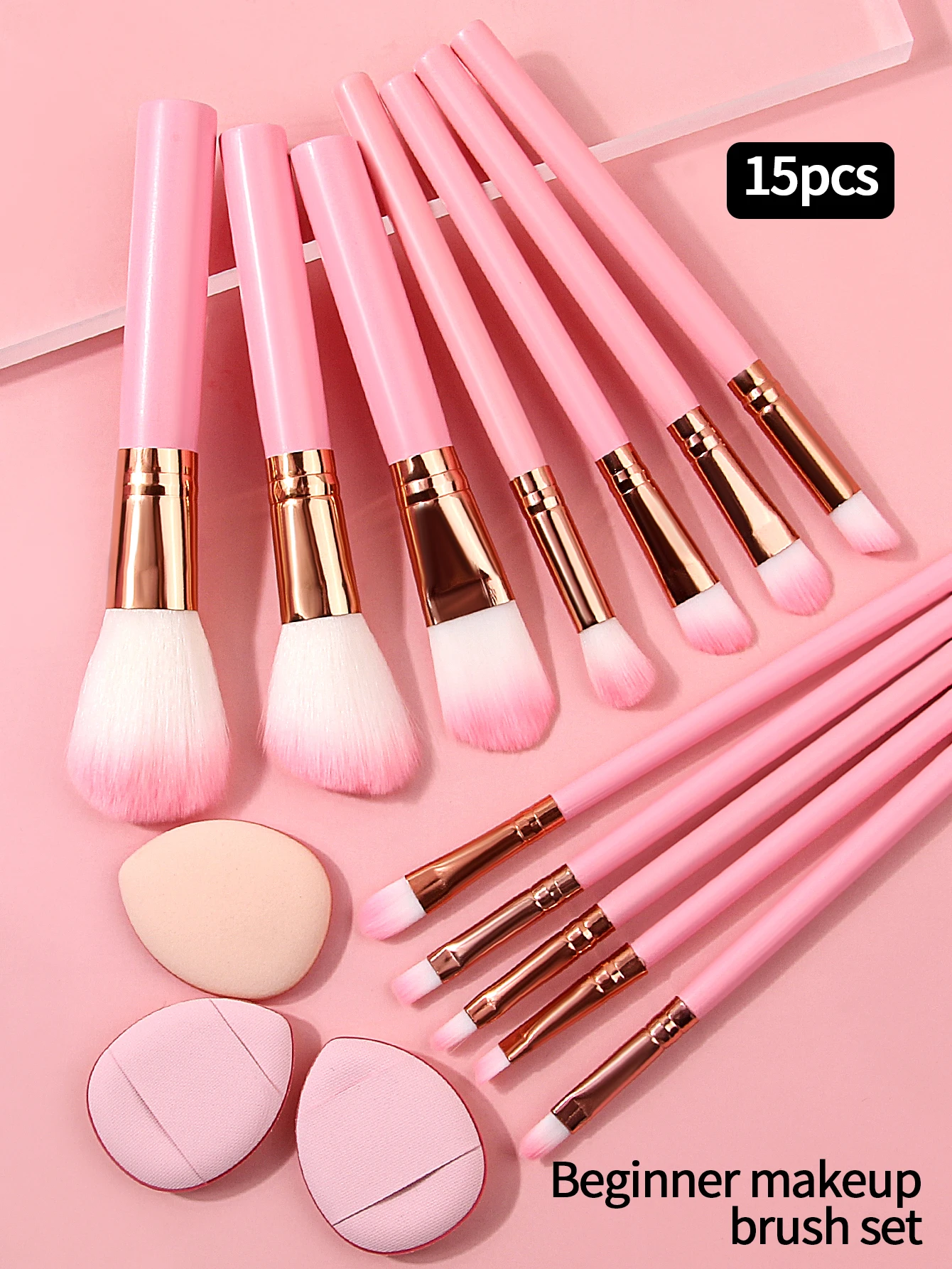 15PCS Makeup Brush Cushion Puff Set Pink Kabuki Foundation Powder Concealer Eyeshadow Eyebrow Brushes Mini Triangle Puff