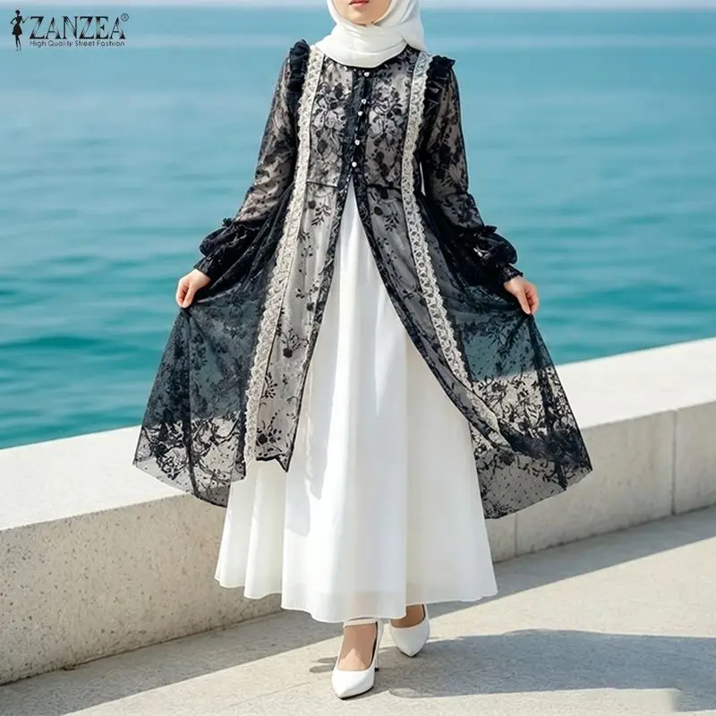 

ZANZEA Muslim Casual Loose Long Cardigan Women Solid Color Outwear Irregular Long Sleeve Blusas 2026 Lace Patchwork Summer Coats