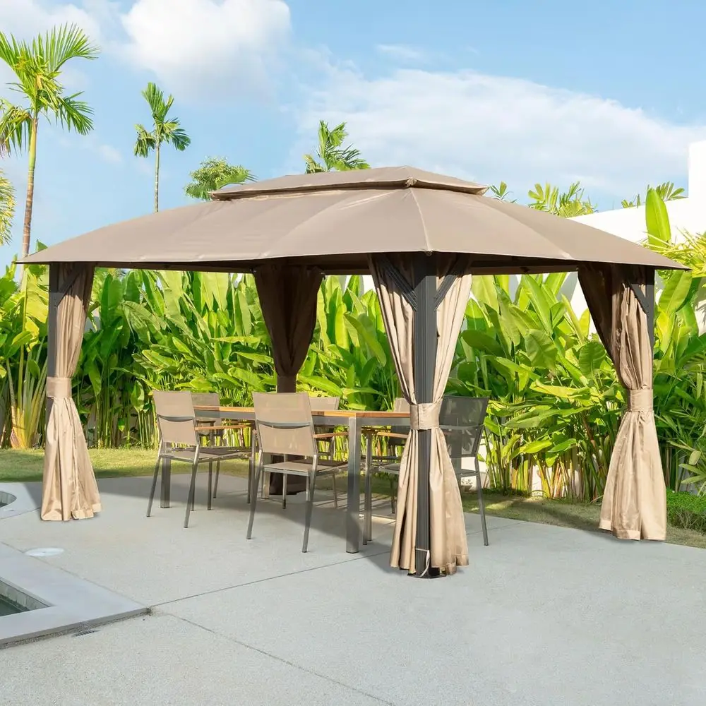 

Khaki Double Roof Outdoor Gazebo, 10x14 ft, for Patio, Deck, or Garden