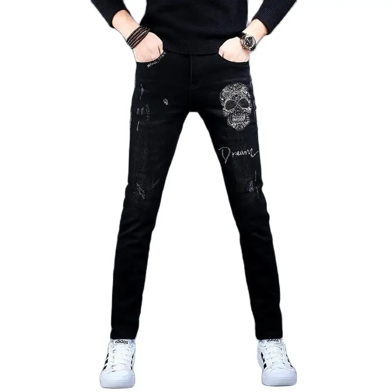 High Quality Men's Diamond Embroidery Denim Pants Ripped Decoration Casual Jeans Classic Slim-fit Style Black Stretch Trousers;