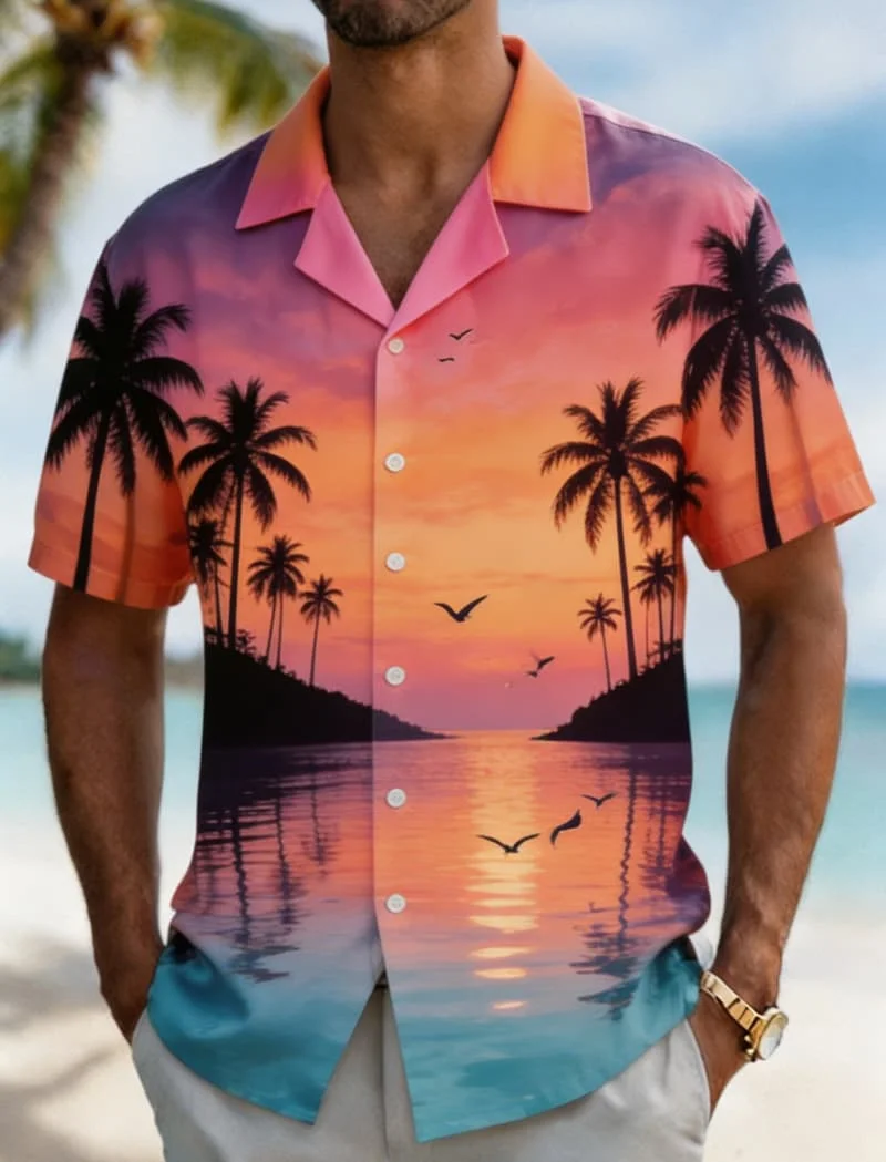 Men's Bay Palm Tree Dusk Print Shirt, Warm Resort Style for Summer Fashion, Daily Wear, Casual Outings & Streetwear