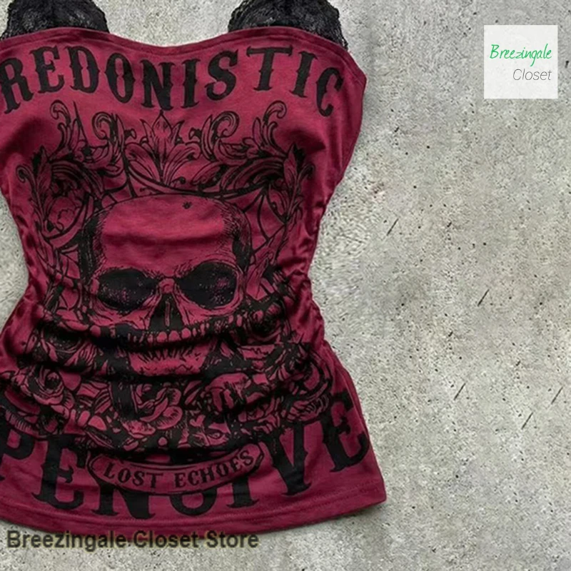 American retro style red skull printing y2k spice girl summer new fashion neck-hanging slim temperament little casual camisole.