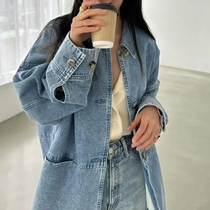 Single Breasted Woman Jackets Japan Denim Ropa Mujer Long Sleeve Chaqueta Mujeres Loose Coats Spring Turn Down Collar Clothes