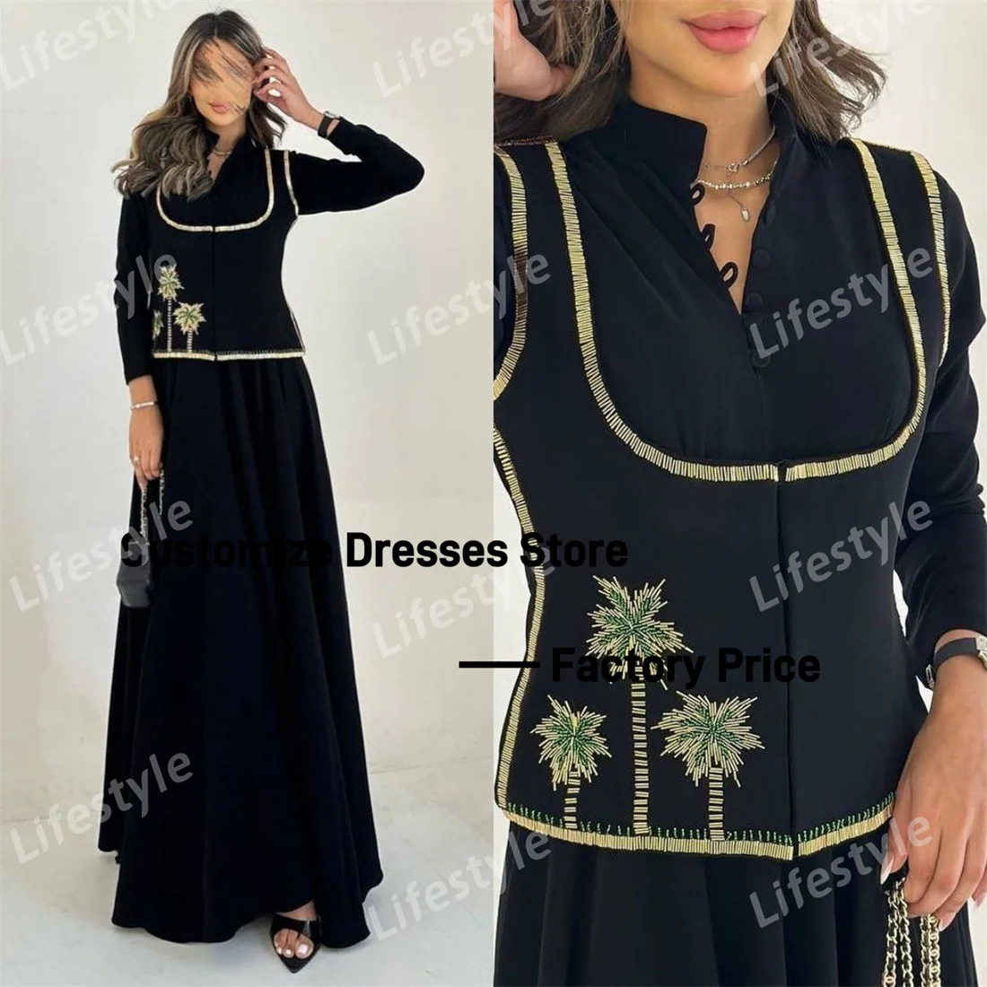 Customized Beaded Coconut Tree Buttons Jacket Evening Dress Long Sleeves A-line 2 Piece Fomal Party dresses for women