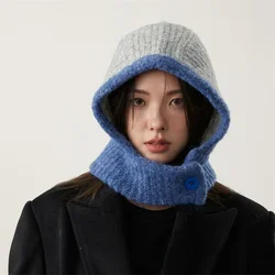 Japanese Retro Balaclava Hat Winter Popular Integrated Hat and Neck Cold Proof Warm Knit Cap Fashion Color Matching Women's Hats