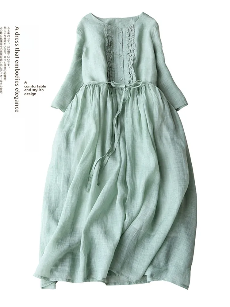 Women's Summer Cotton Linen Short Sleeve Dress Fairy Skirt High Waist A-Line Princess Dress Commute Artistic Style Long Skirt