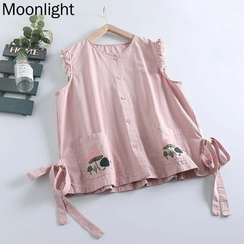 Vintage Embroidered Vest Women O-neck Ruffle Patchwork Pockets Sleeveless Top Japan Sweet Mori Girl Single Breasted Vests Coat