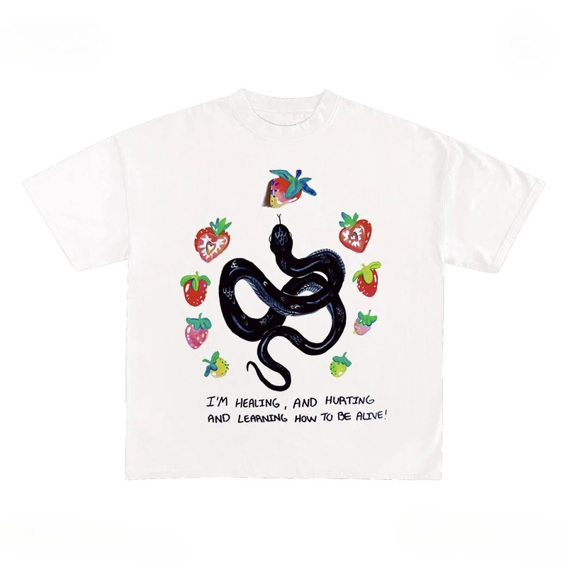 

Creative Snake Printed Pure Cotton T-shirt Men and Women with The Same Round Neck Cotton Short-sleeved Kawaii Y2k kpop T-shirt