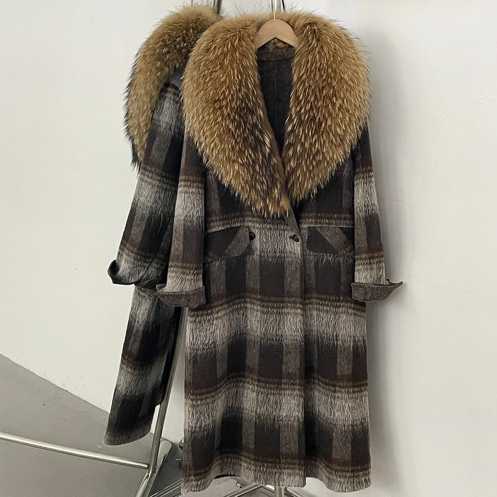 OFTBUY New Warm Winter Outerwear for Female Mid Long 100% Wool Coat Women Real Fox Fur Lapel Collar Vintage Plaid Woolen Jacket