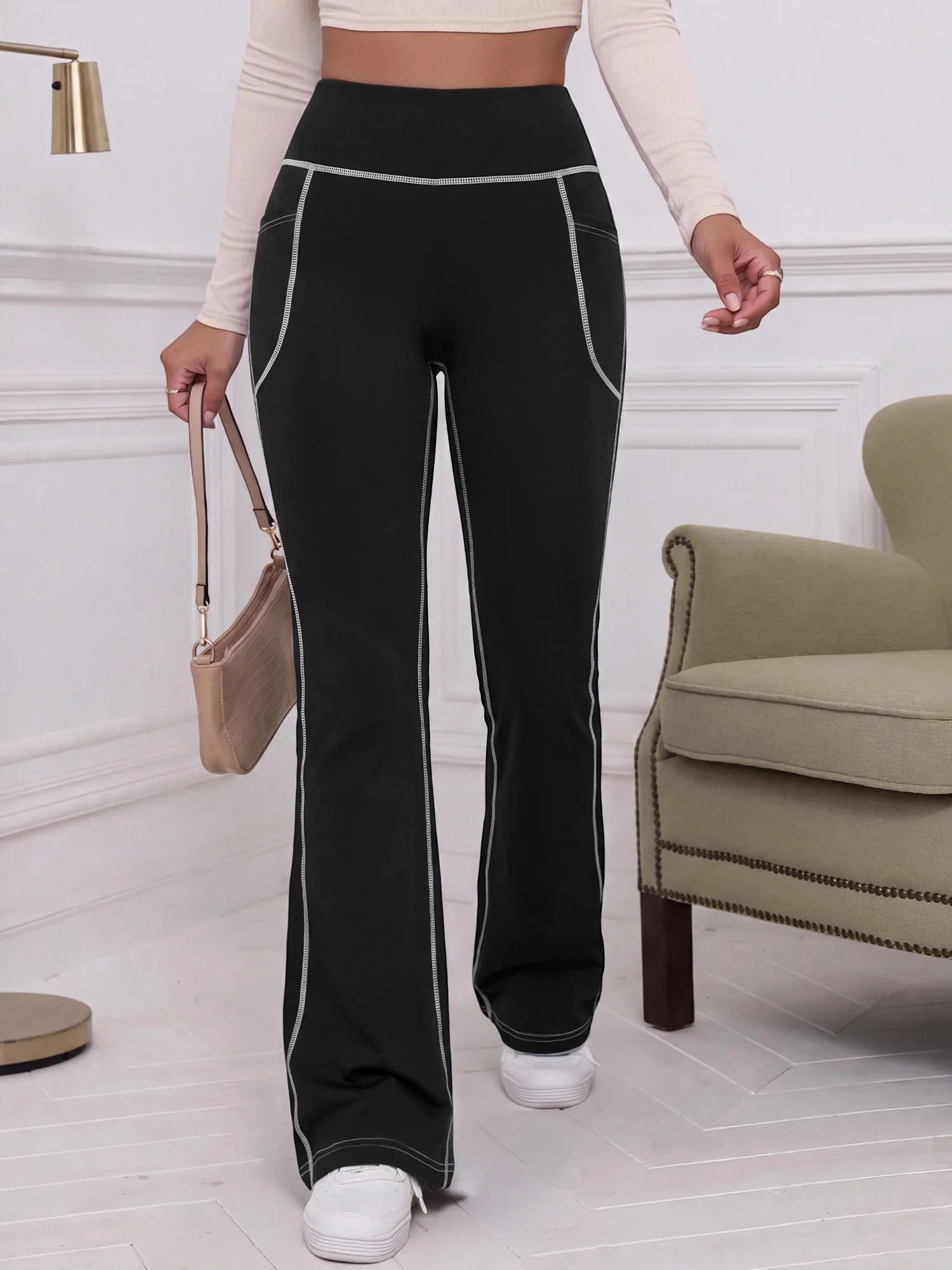 Street Style Contrast Stitching Flared Leg Pants High Rise Hidden Side Pocket Casual Bottoms